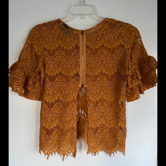 Golden Brown Eyelash Lace Ruffle Sleeve Top - Picture 3 of 6